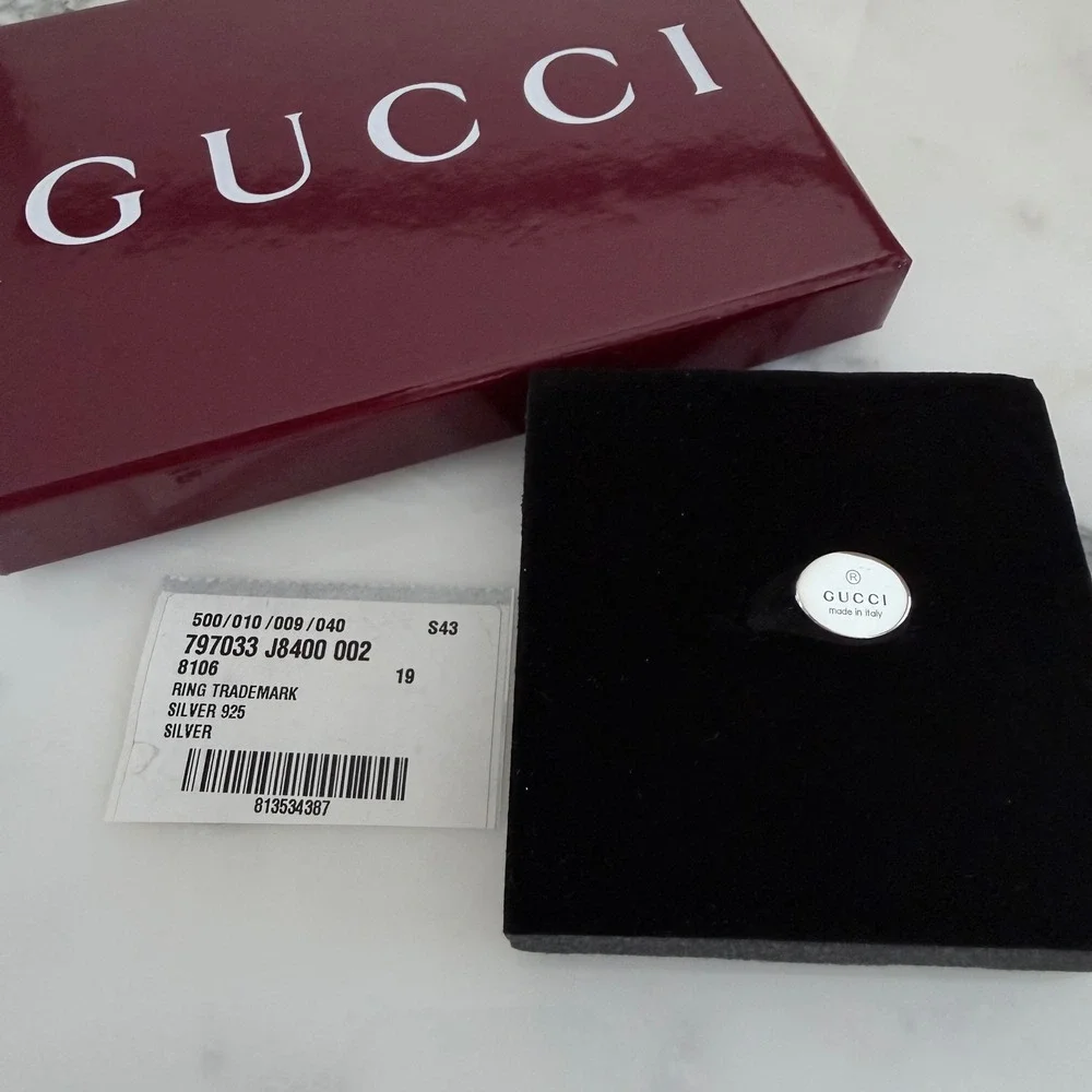 Gucci Sterling Silver Trademark Oval Plate Band Ring 797033, Sz 19 (US 9)